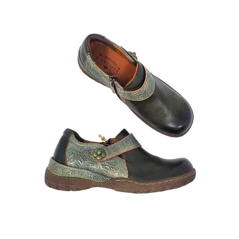 L'Artiste by Spring Step Gyarados Leather Clog Flat Shoes Olive Multi Size 41